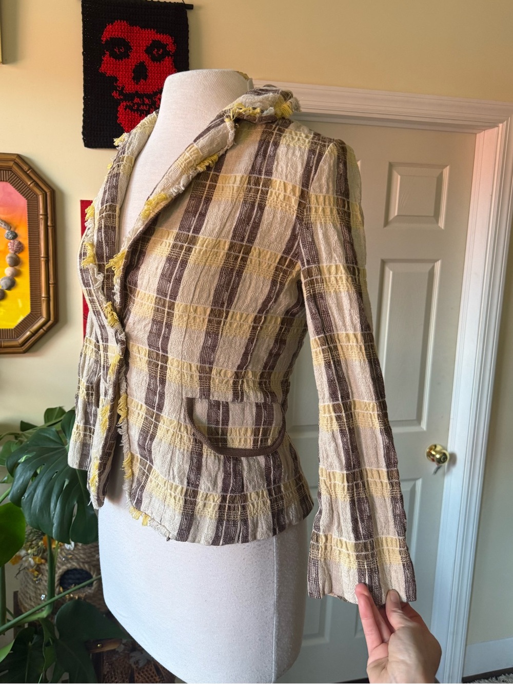 Women’s Plaid Textured Blazer Jacket - Yellow & Brown